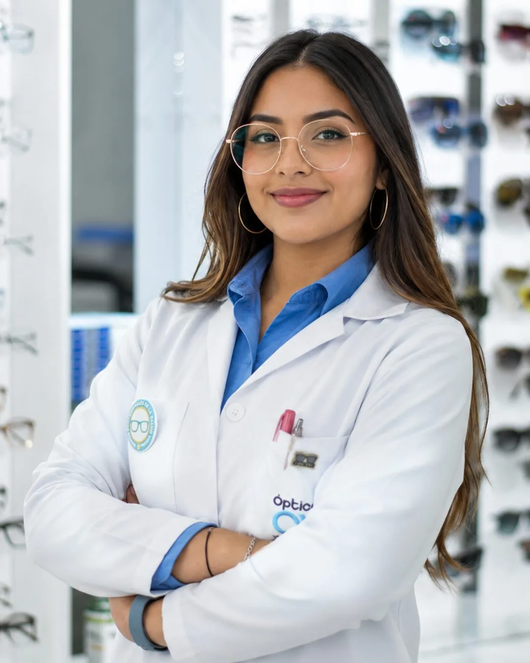 Optometrista profesional de Ópticas CV+ sonriendo en sucursal de salud visual en El Salvador